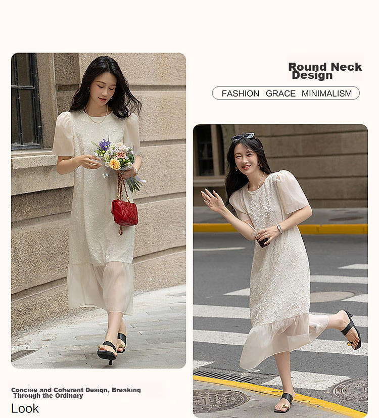 Dme [Open Lady's Daily Wear] Summer Round Neck Elegant Jacquard Patchwork Puff Sleeve Straight Bodycon Dress 6