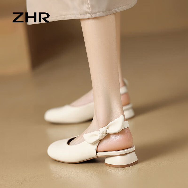 ZHR Women's Sandals with Bowknot, Elastic Band, Versatile Single Shoes, Fairy Style Elegant Women's Shoes Y702 Beige Size 37