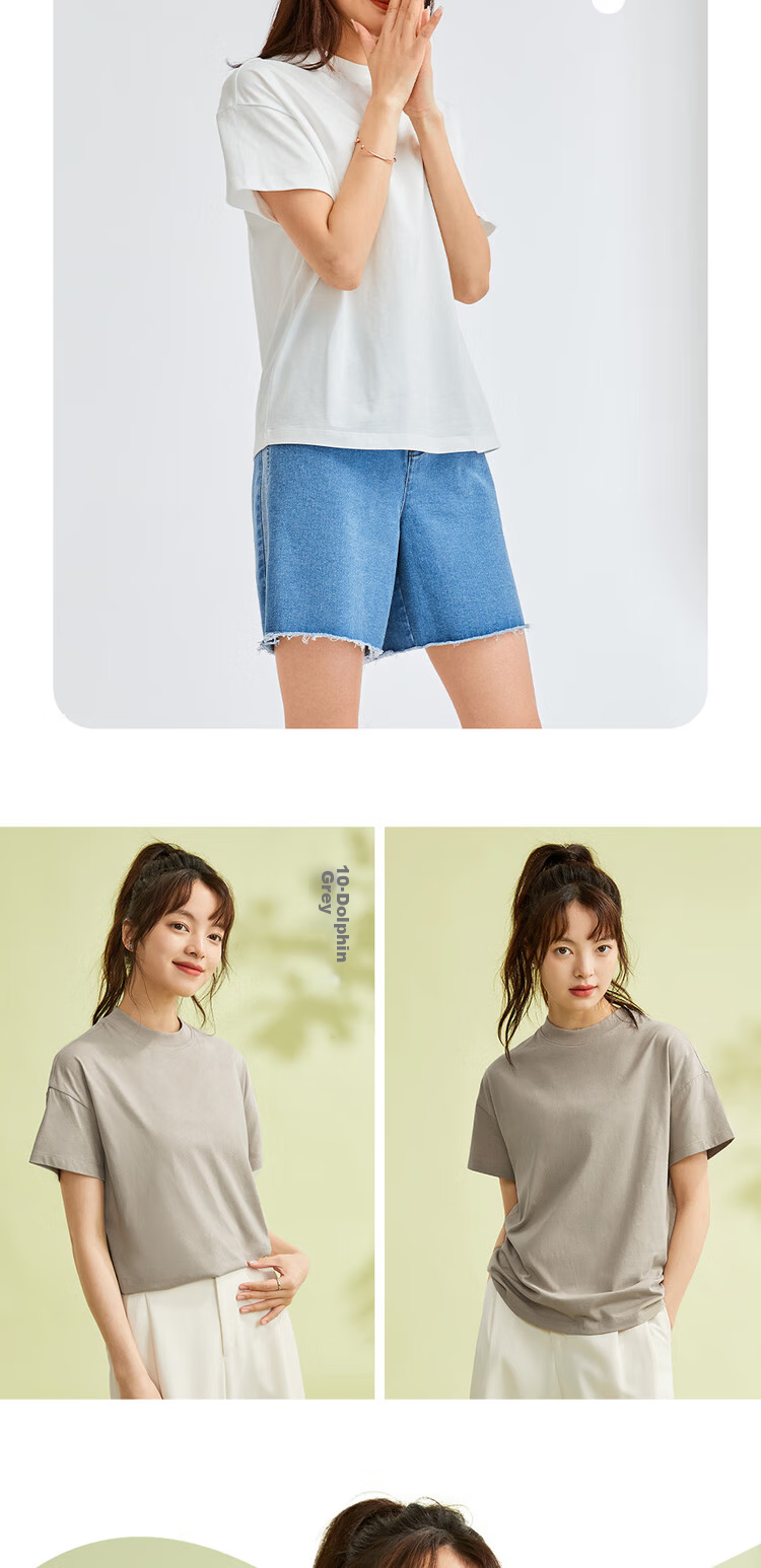 Giordano Women's T-Shirt, Pure Cotton, Skin-Friendly, Elegant Blouse, Comfortable Loose-Fitting Turtleneck Top, Short Sleeve, 05322396 8