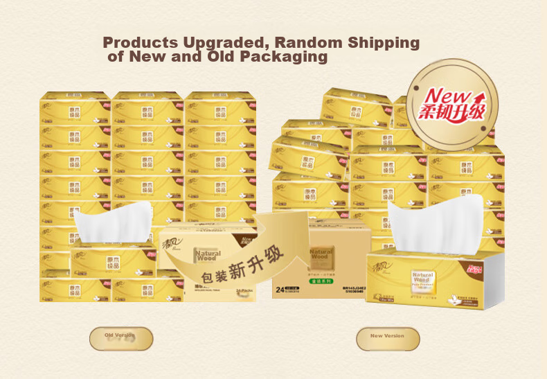 Qingfeng Facial Tissue Thick Soft Gold 4-Ply 100 Sheets*24 Packs M Size Water-Resistant Toilet Paper Napkins Bulk Box 6