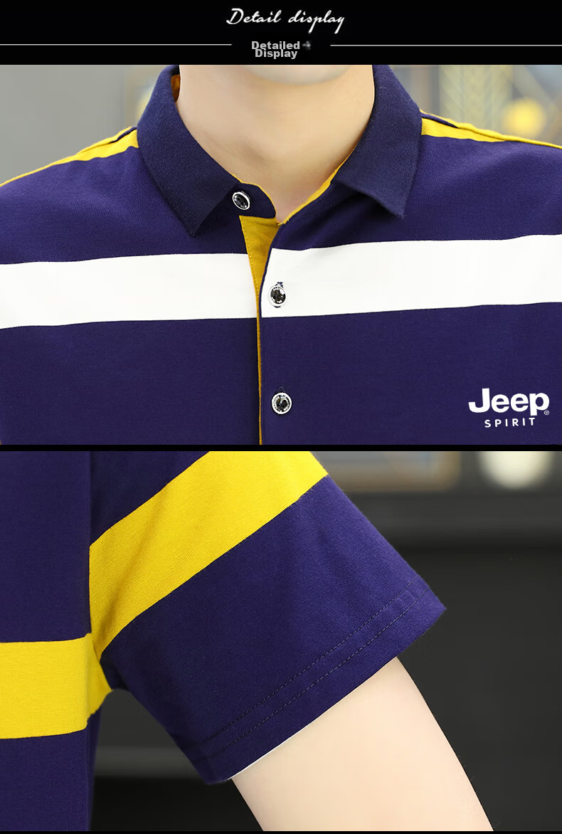 JEEP SPIRIT Men's Short-Sleeve T-Shirt, Summer Polo Shirt, Half-Sleeve, Collared, Striped, Business Casual, Slim Fit, Blue And Yellow, XL 15
