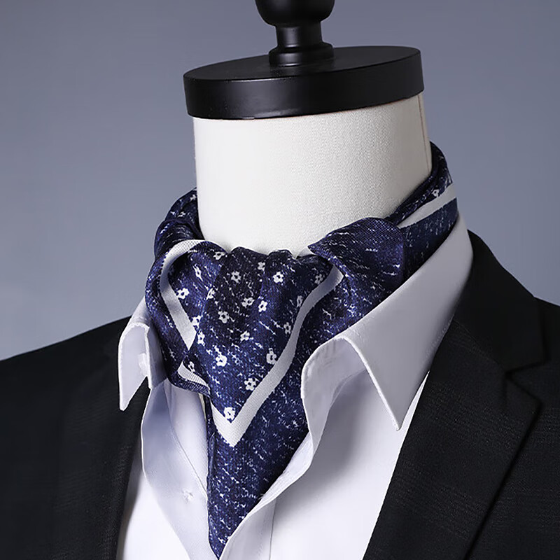 Hangsifu Silk Scarf for Men, Small Square Scarf, Business Necktie, Gift for Dad Or Husband on Birthday Or Holiday, Navy Blue