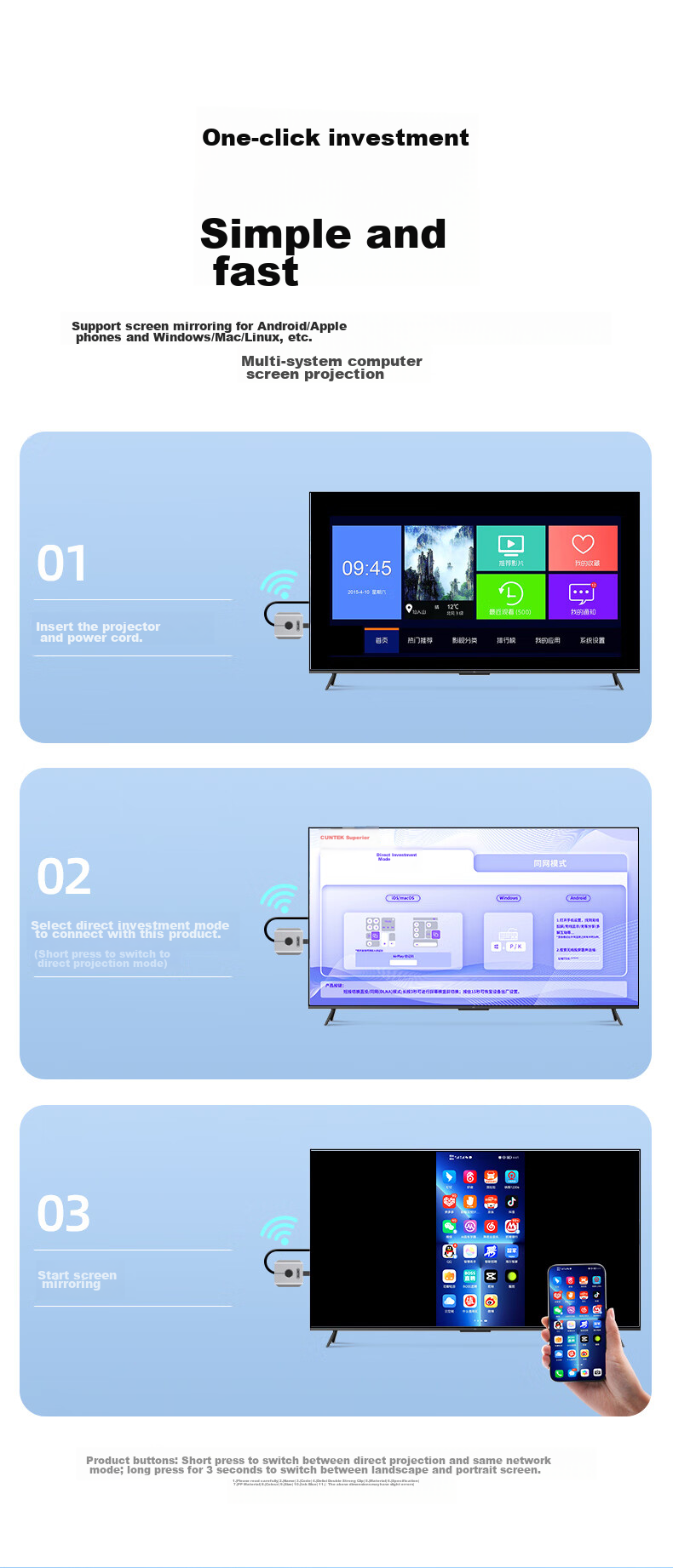 UNITEK Wireless Screen Mirroring Device, HD HDMI Universal 5G Transmission Audio And Video Synchronizer, Supports Apple Huawei Android Phones Direct Connection to Computer Monitor TV Projector 3