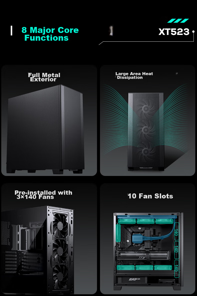 PHANTEKS XT523 Black Mid-Tower Desktop Computer Office ATX Motherboard Case (With 3x 140mm Fans / Mesh Panel / Efficient Cooling / 360mm Water Cooling Support / 5070) 5