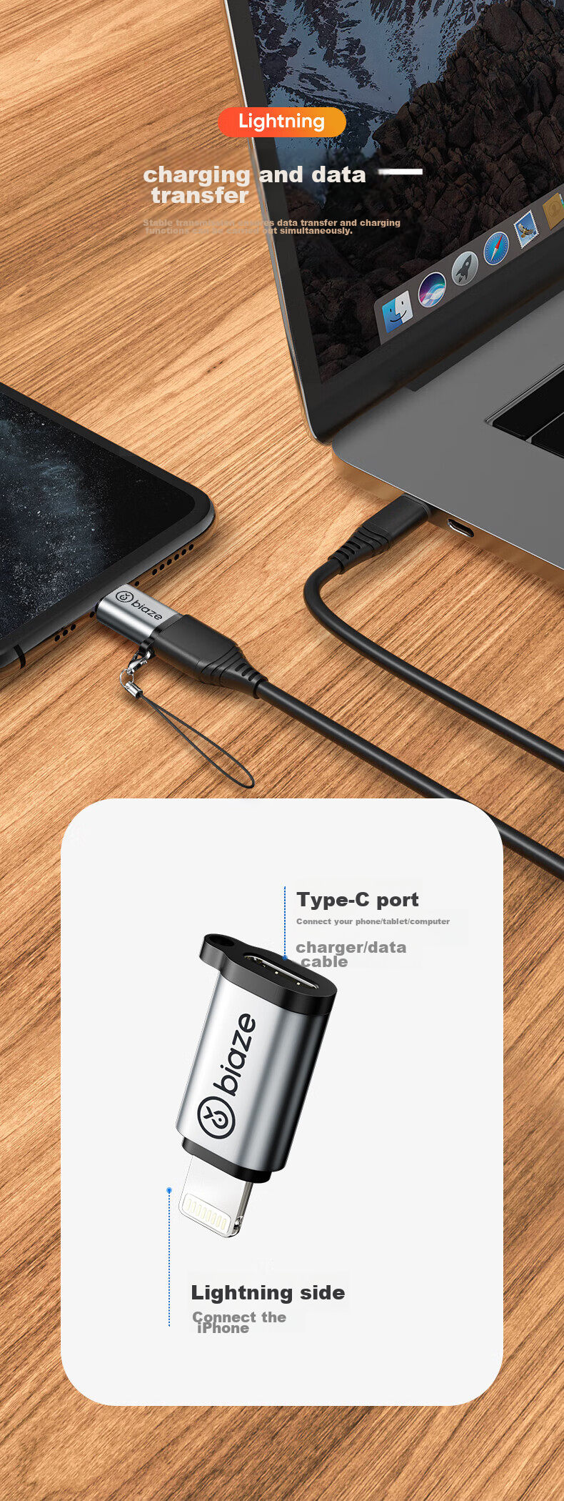 BIAZE Lightning to Type-C Adapter Converter Cable for Android And Apple, Charging And Data Transfer Converter Head Compatible with IPhone14/13Pro/Max/12/11/X/8Plus 5