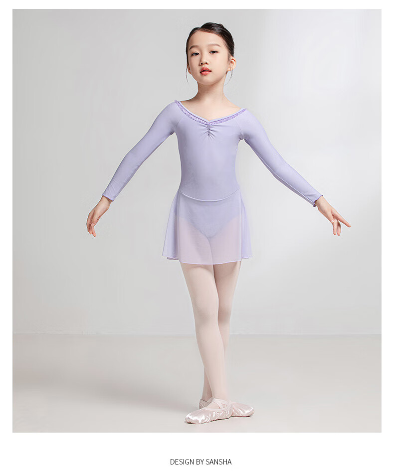 Sansha Ballet Practice Dress, Children's Dance Costume Long-Sleeve Dress Chiffon V-Neck Lace Bodysuit Dress, Light Blue, M 16