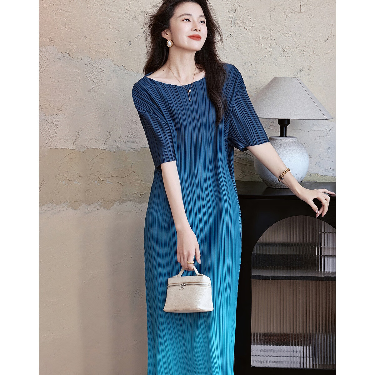 Demana "Flowing Years" Summer Elegant Textured Gradient Print Crinkled Straight-Cut Petite Chic Women's Dress