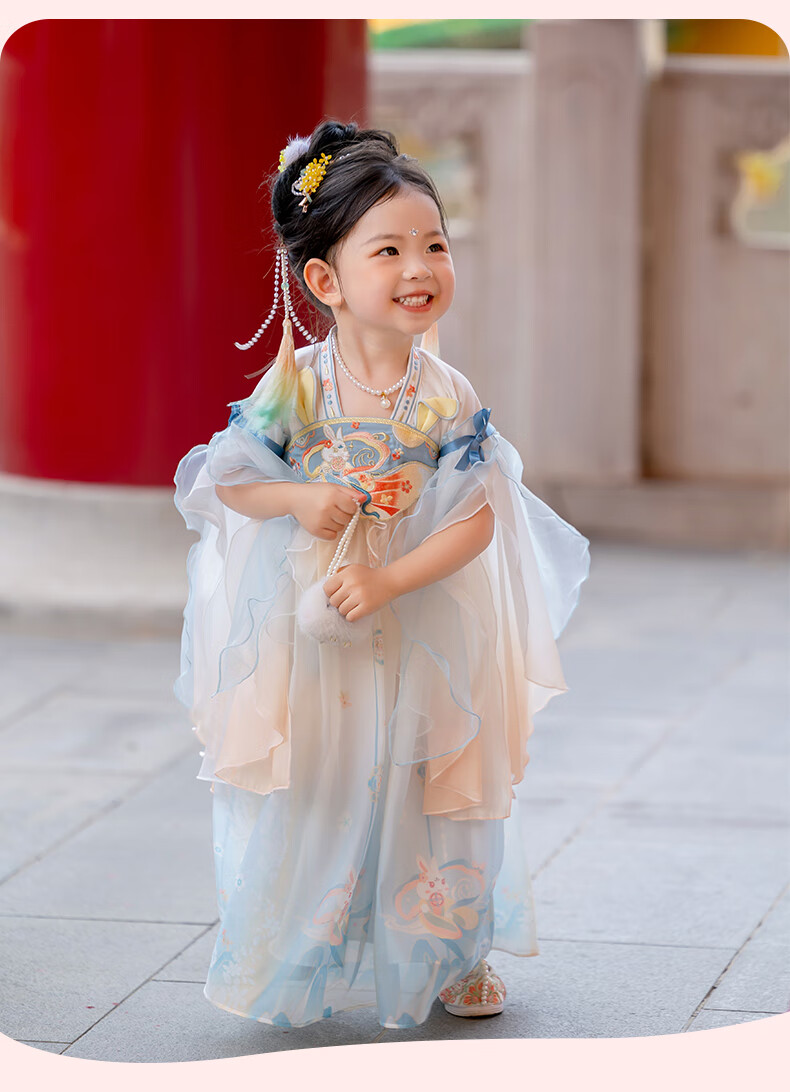 Menghu Xiaotianxia Hanfu Girls' Dress, Mid-Autumn Festival New Style Children's Fairy-Like Dress, Performance Princess Dress, Blue, Size 130 6