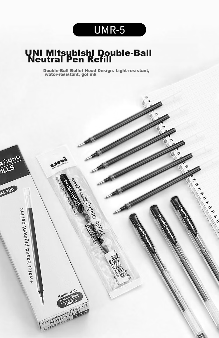 Uni Mitsubishi Ball UMR-5 Refill, 0.5mm Gel Pen Ink, Black Refill, Compatible with Signature Pens from UM-100 Series, Pack of 12 1