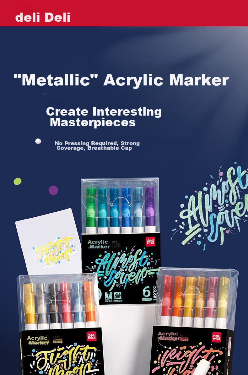 Deli 6-Color Single-Tip No-Press Acrylic Markers for Children's Hand-Drawing, Guka Graffiti, DIY Painting, Shoe Painting, Acrylic Paint, Spring Colors, Fluorescent Pens, Watercolor Pens, Art Education Graduation Gift 1
