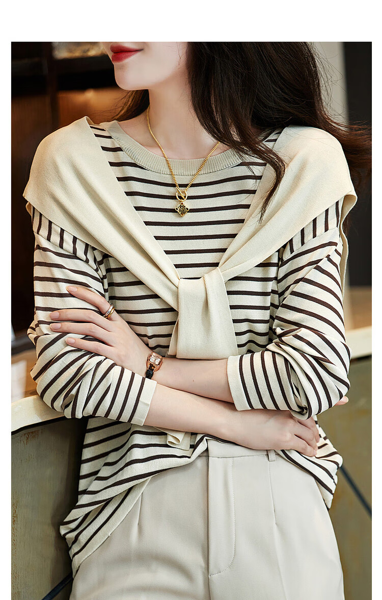 Dme [French Knit Sweater] Spring And Autumn Round Neck Double Curved Striped Contrasting Color Women's Knit Sweater, Off-White, XL 14