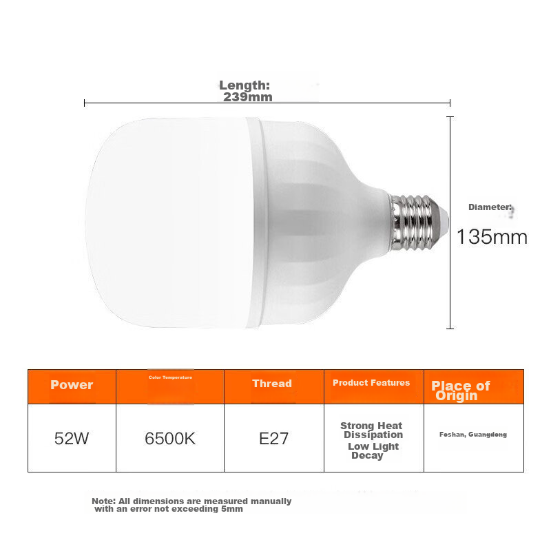 FSL Foshan Lighting LED Bulb Globe Energy-Saving Lamp Bulb Cylindrical Bulb High-Power Light Source E27 Large Screw Base 48W Cool White