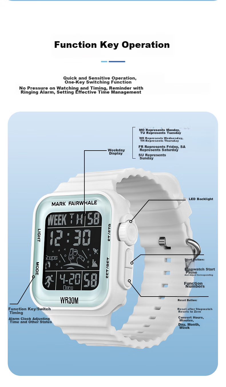 MARK FAIRWHALE Sports Watch for Men And Women Students, LED Square Electronic Watch with Alarm, Waterproof Wristwatch, Birthday Gift 4430 9