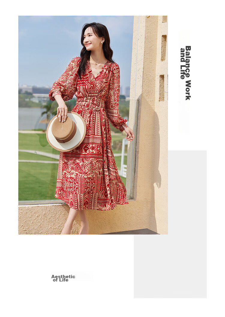 Sentubila Spring And Autumn Mid-Length Floral Print Red Dress, Elegant Goddess Style Slimming Vacation Dress, Red Floral Pattern, Size S 3