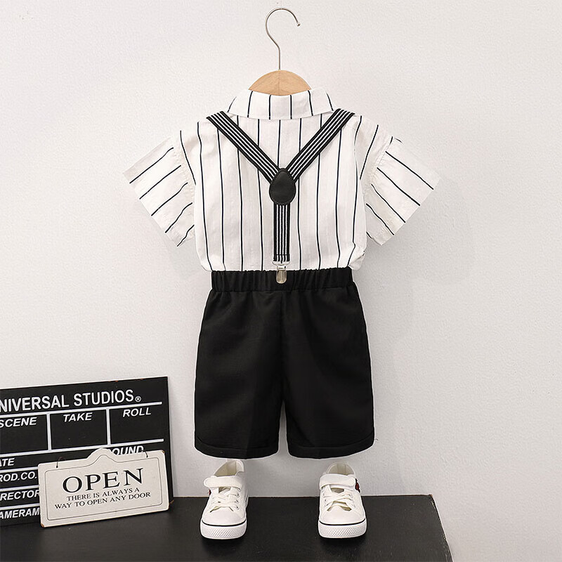 LUOBOBEIBEI Boys' Formal Wear Summer Casual Shirt And Suspender Pants Set Birthday Host Performance Outfit, Four-Piece Shirt Set, Size 120