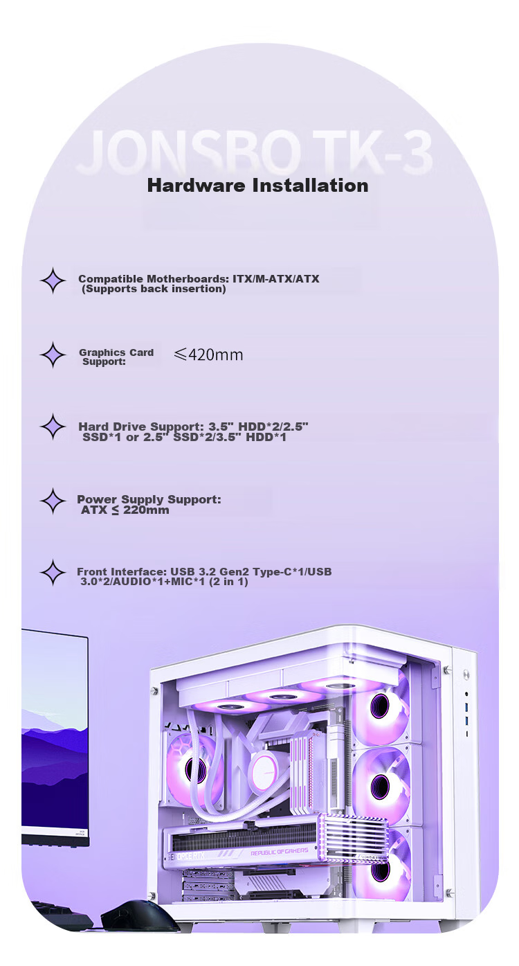 JONSBO TK-3 White Curved Panoramic ATX Case (Dual 360mm Radiator Support/ATX PSU/10 Fan Positions/Type-C Gen2 10Gbps+) 9