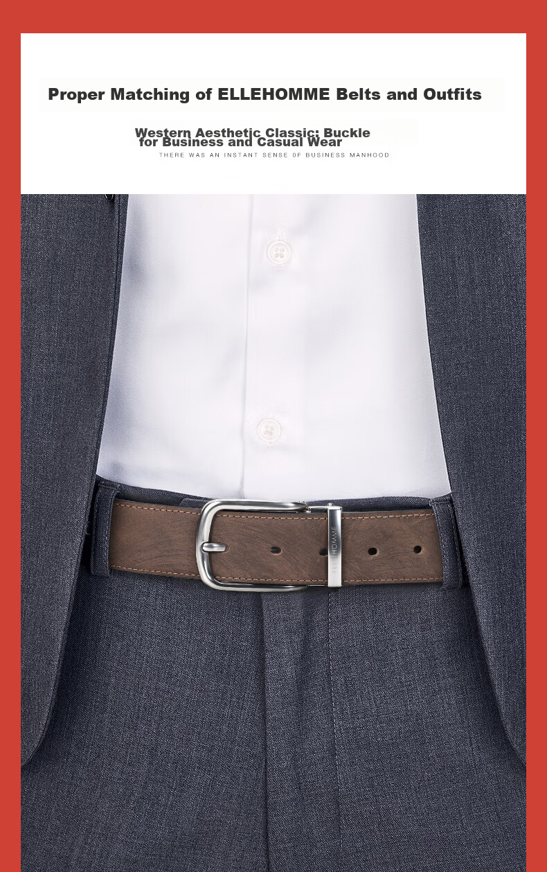ELLE HOMME Men's Leather Belt, Fashionable Pin Buckle Waistband, Top-Grain Cowhide Casual Trouser Belt for Men, Birthday Gift for Me 5