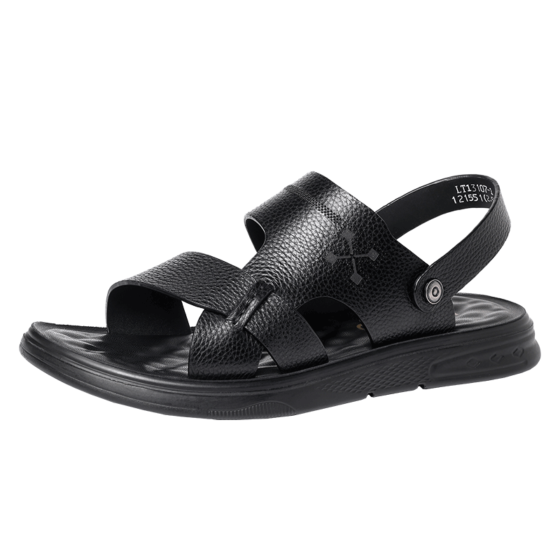 LAORENTOU Men's Beach Sandals, Summer Breathable Metal Buckle Lychee Pattern Shoes Slippers Dual-Use Versatile Casual Sandals Men's Footwear LT13107 Black Size 42