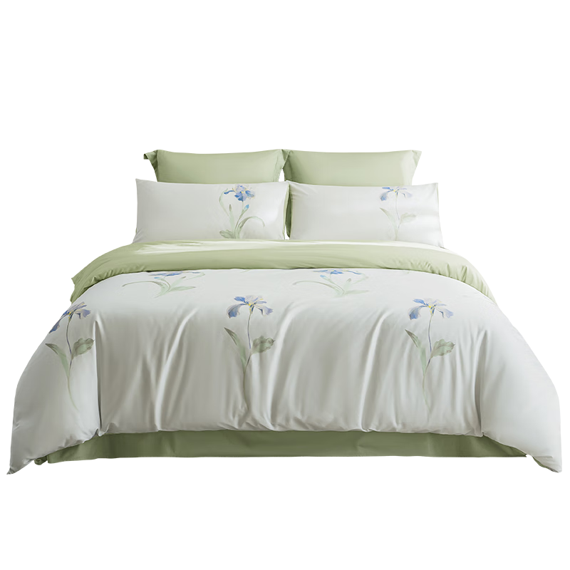 JD Original 100% Pure Cotton Four-Piece Bedding Set, All-Cotton Bed Sheet And Duvet Cover, Antibacterial Bedding Set for 200*230cm 1.5/1.8 Meter Beds, Iris Language