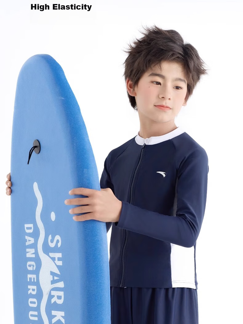ANTA Children's Two-Piece Swimsuit, 2024 Summer New Style, Boys' Swimwear, Square-Leg Swim Trunks, Long-Sleeve Hot Spring Bathing Suit, Blue, Size 130 8
