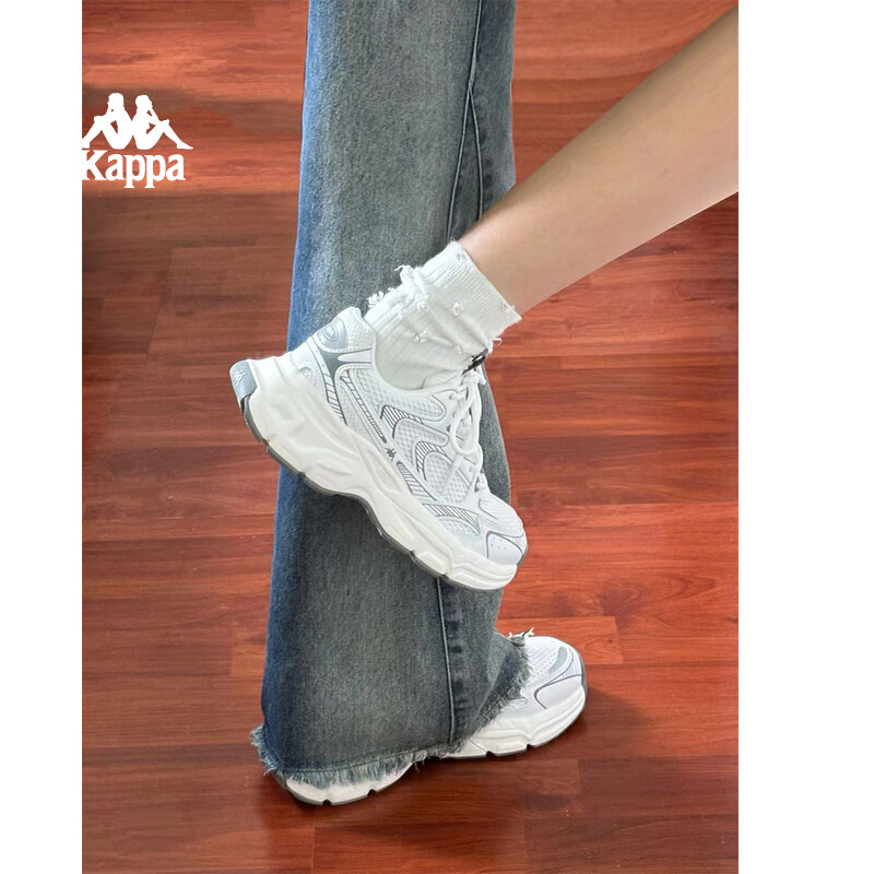 Kappa Hydrogen Track Dad Sneakers, Women's Shoes, Autumn Breathable Height-Increasing Casual Versatile White Shoes, Shark Gray, Size 37