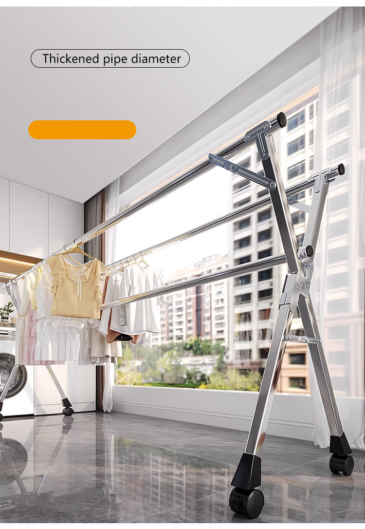 Huakaizhixing Folding Clothes Drying Rack, Floor-Standing Stainless Steel Clothes And Quilt Drying Stand, YJ67 Three-Rod + Wheels, Heightened, 2 Meters 7