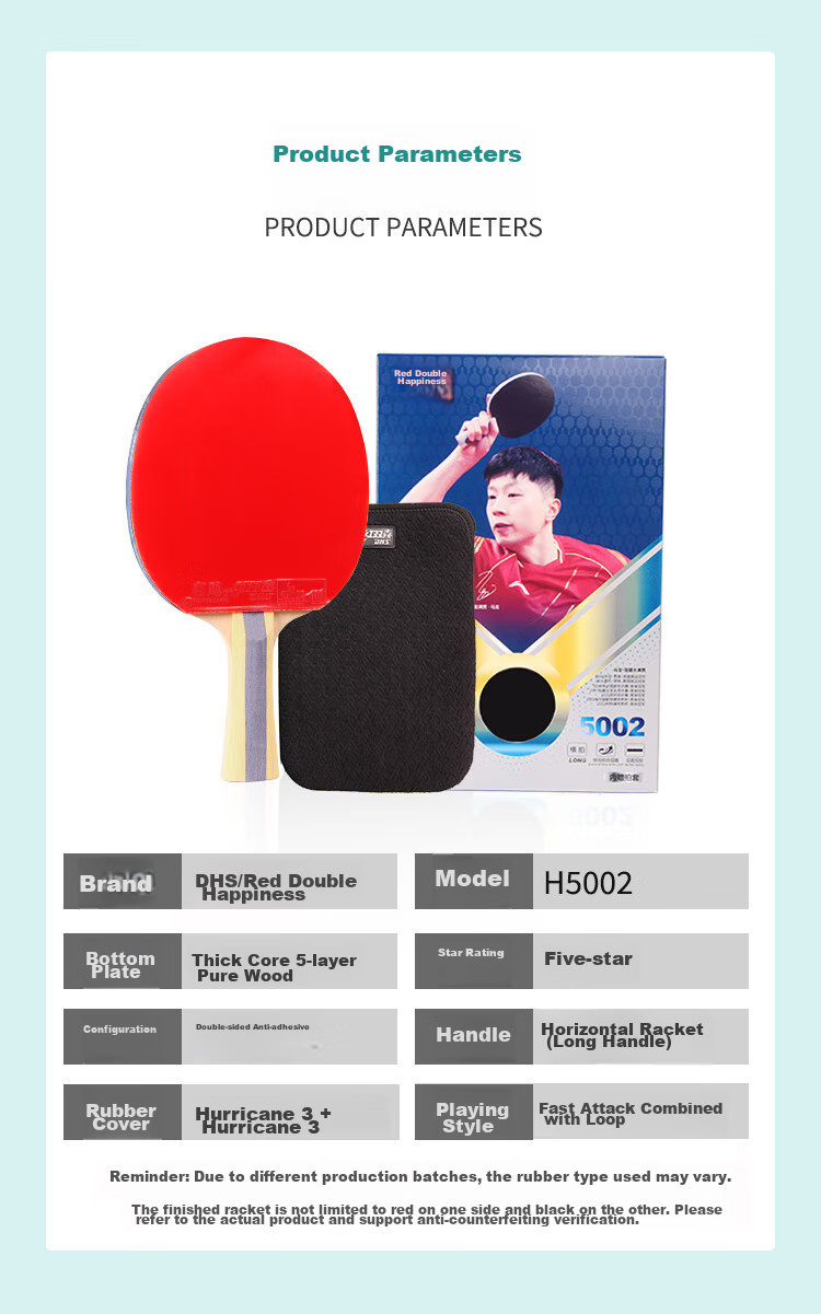 DHS Table Tennis Racket, 5-Star Penhold Grip, Single Racket, Kuangbiao 3 Rubber, Double-Sided Reverse Rubber H5002, Includes Table Tennis Balls 2