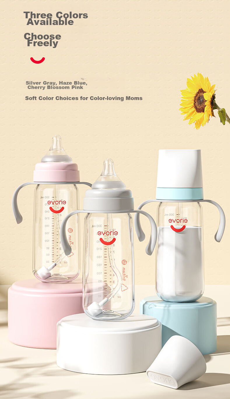Evorie Baby Bottle with Handle, Wide-Neck Gravity Ball Tritan Bottle 300ml Pink (6 Months+) 15