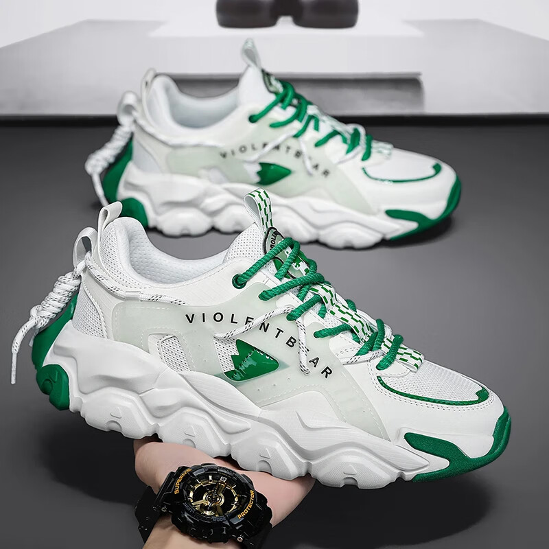 VIOLENTBEAR Men's Sneakers, Sports Shoes for Spring And Summer, Mesh Breathable Dad Shoes, Non-Slip Couple Shoes, White And Green [Luminous Version], Size 40