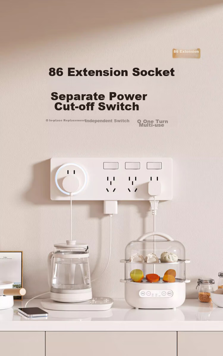 AUX 86-Type Expandable Socket with Switch Panel, Surface-Mounted Expansion Power Strip Converter, Multifunctional Power Strip, Gray, Four Outlets, Five-Hole, 10A 1