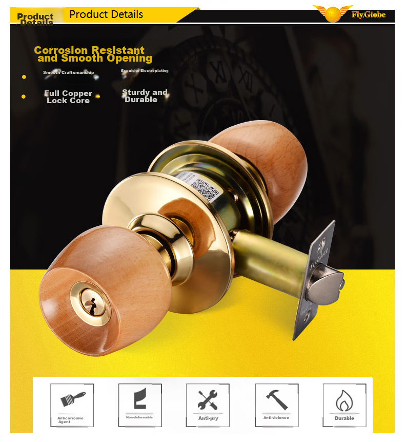 Fly.Globe Spherical Lock, Indoor Bedroom Door Lock, Beech Wood Ball Lock FQ-5831WD, Back-To Seaso 8