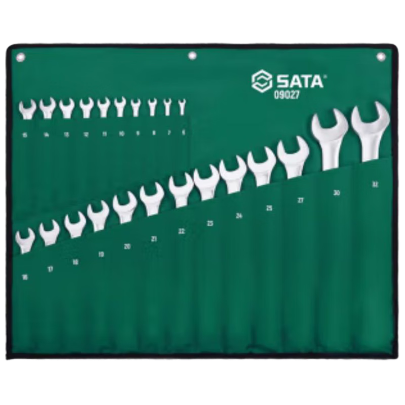 SATA 23-Piece Fully Polished Open-End And Box-End Wrench Set, High Torque, High Hardness, 6-32mm, 09027