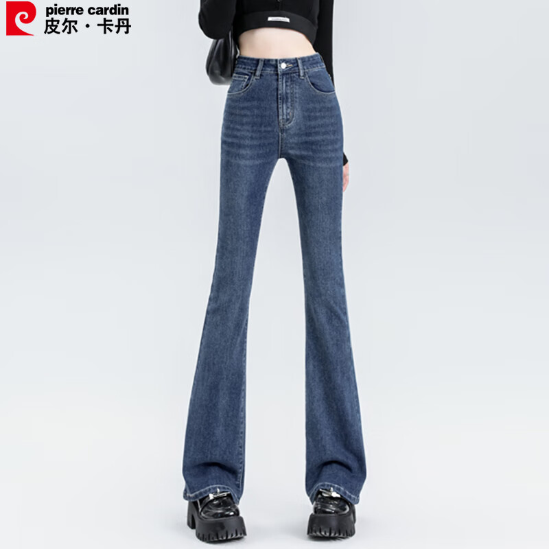 Pierre Cardin Women's Winter Slim Fit Jeans Casual Waist-Tightening Versatile Loose High-Rise Retro Blue Flared Pants XL