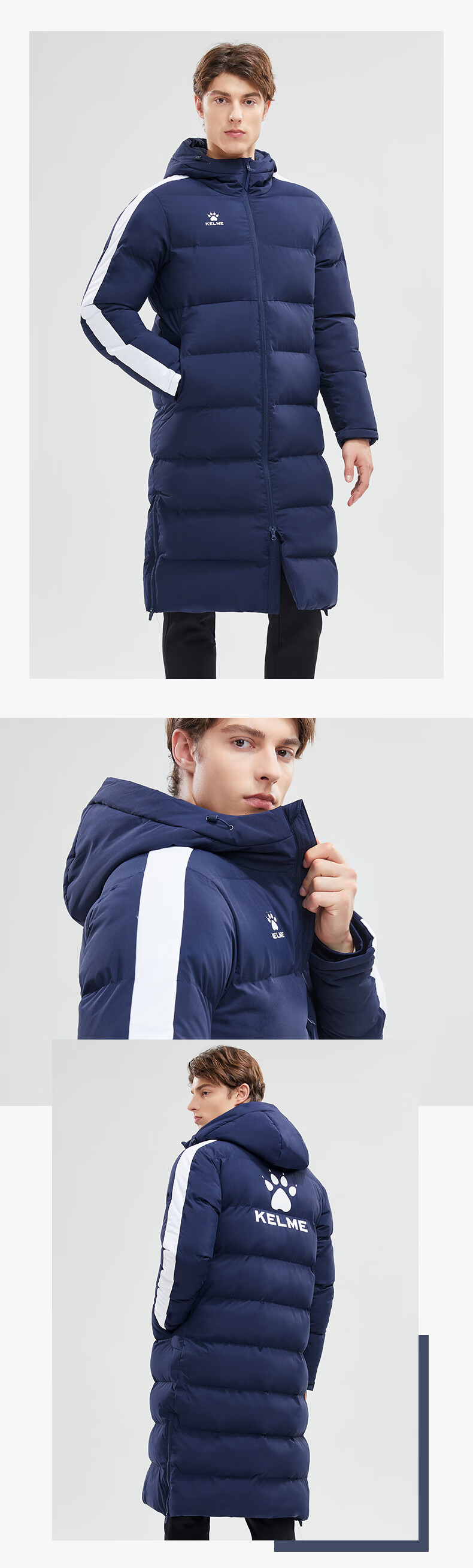 KELME Long Hooded Cotton Jacket for Men, Winter Over-Knee Warm Life Training Coat Windbreaker, Black, M 5