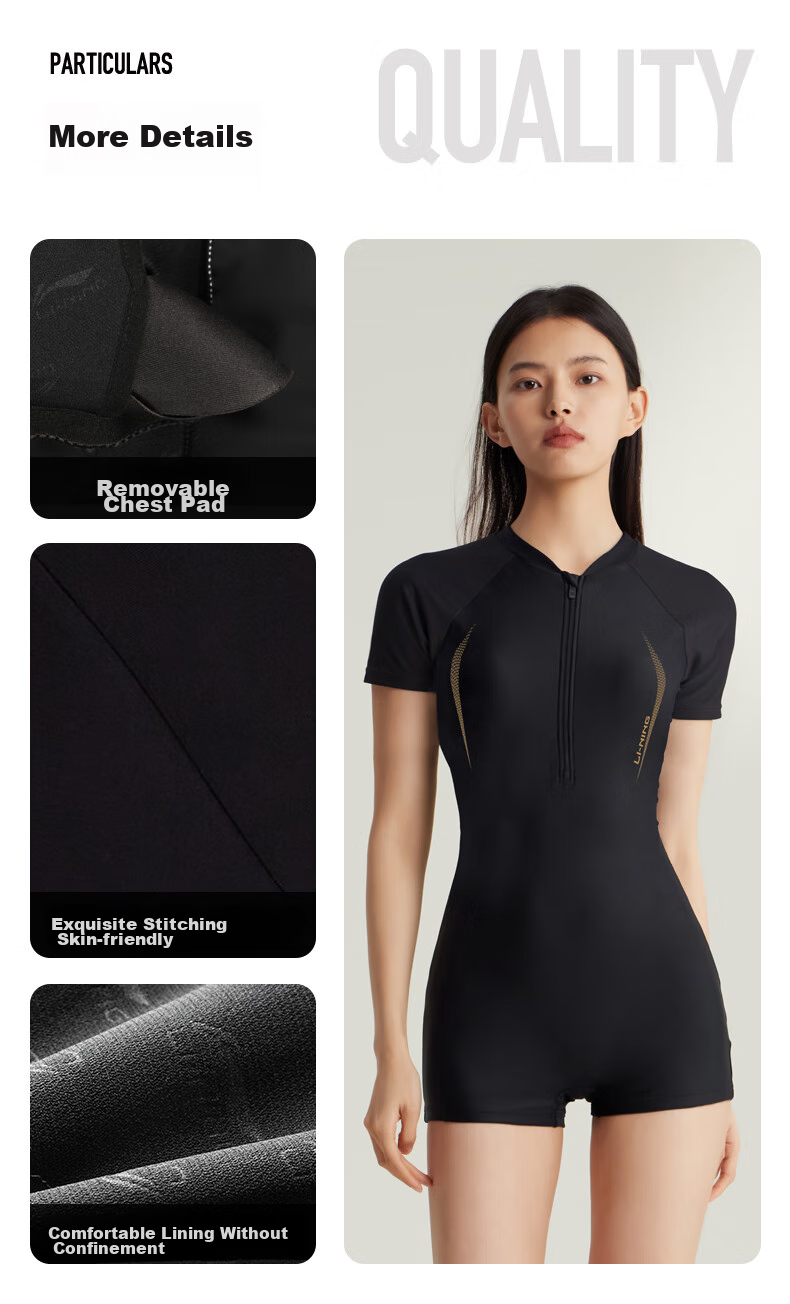 Li-Ning One-Piece Swimsuit for Women, Square-Leg Swimming Costume, Professional Athletic Conservative Slimming Hot Spring Swimwear, 7561 Black Gold XXXL 11