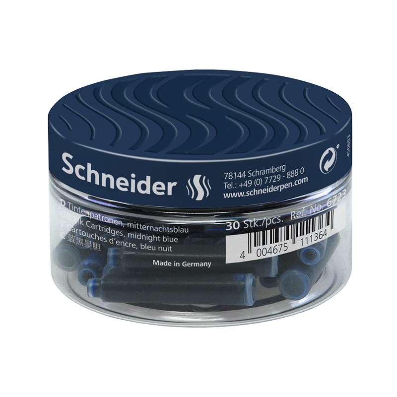 Schneider Fountain Pen Ink Cartridges Non-Carbon Anti-Clogging German Imported Euro Standard Blue-Black 30-Pack Bottle 6723 Back-to-School Essential