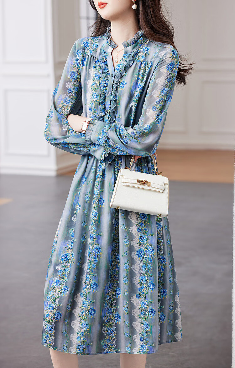 Dme [Huayao Crinkle Floral Print Dress], Spring And Autumn Stand-Collar Waist-Cinching Ruffle Trim Dress for Wome 10