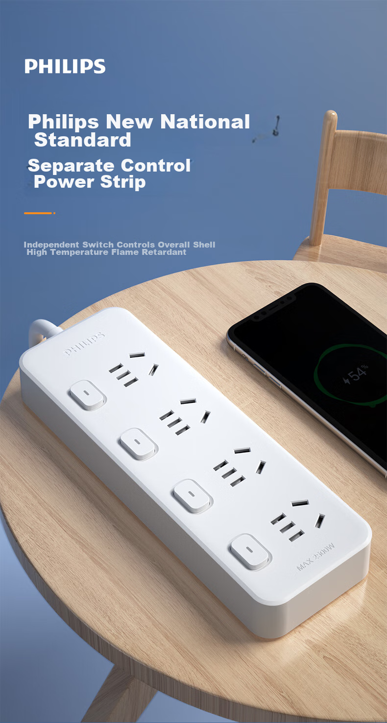 PHILIPS 5-Outlet Independent Switch Power Strip 0.2m Short Extension Cord Kitchen Socket Multi-Outlet Power Board 3