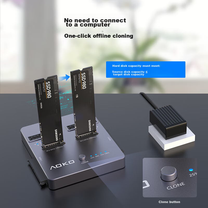 AOKO DA28GR, клонер SSD NVMe/SATA, M.2, док-станция для клонирования жестких дисков, 2 отсека, USB 3.2 Gen 2
