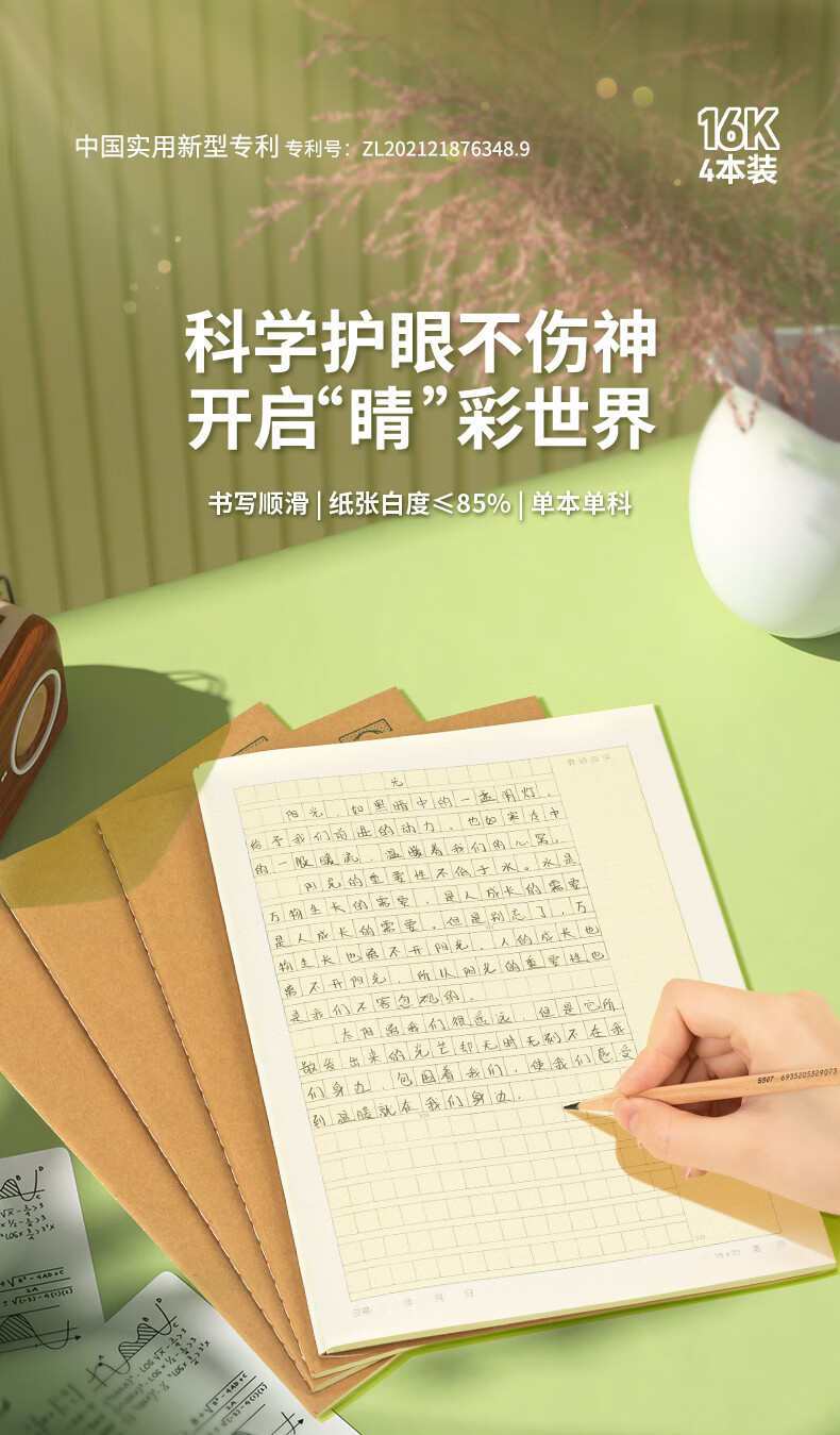 Deli Eye-Protecting Work Notebook, 300 Grids, 4 Books, 16K36 Pages, Composition Book for Primary School Students, Soft Copy Notebook PF1636 2
