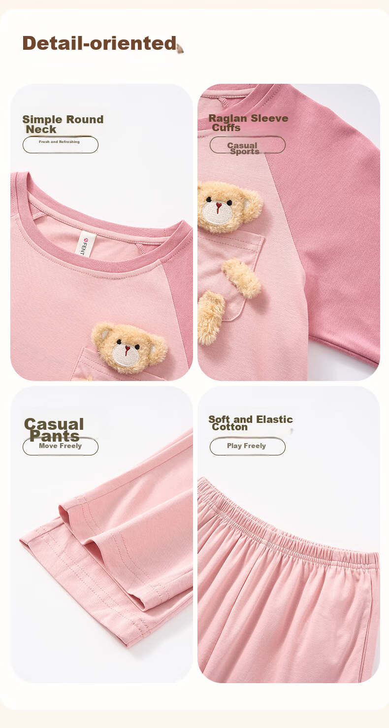 Fenteng Children's Pajamas for Girls, 100% Cotton Spring Season Three-Dimensional Bear Raglan Sleeve Sleepwear for Older Kids Q9FX257930976 12