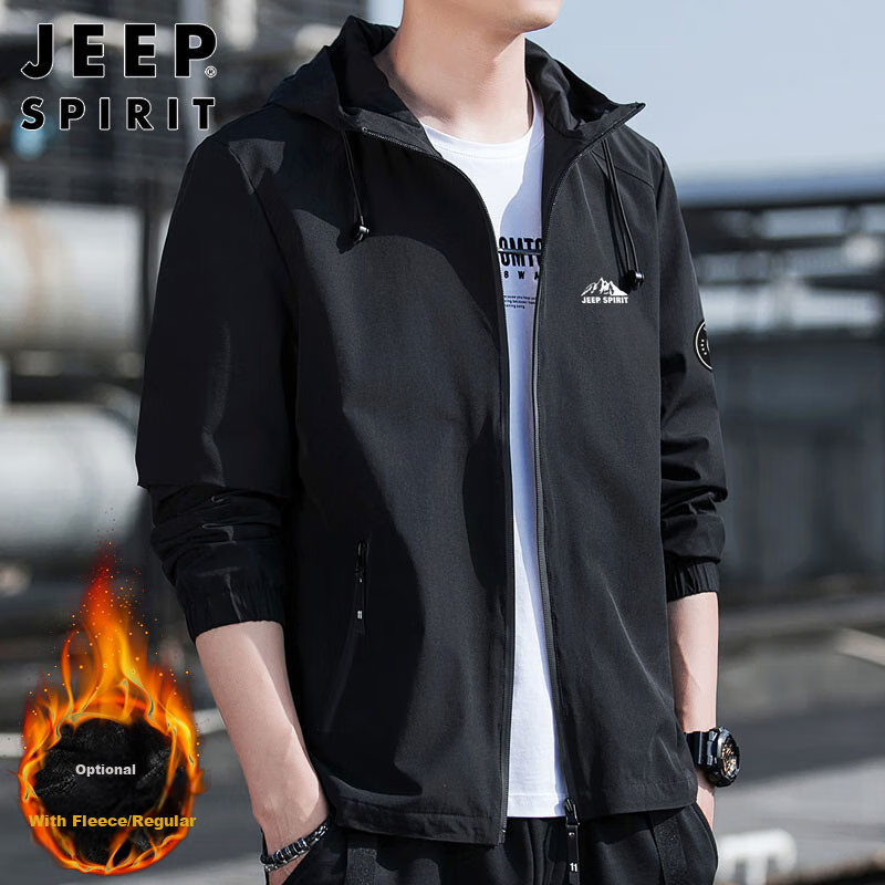 JEEP SPIRIT Men's Hooded Jacket, Spring And Autumn Casual Outerwear for Men, Black, Size L