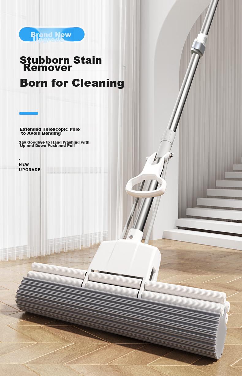Dafurui Large 38cm Double-Row Roller Squeezing Sponge Mop, No-Hand Washing Rubber Cotton Mop, Absorbent Sponge Head Mop Cloth 1