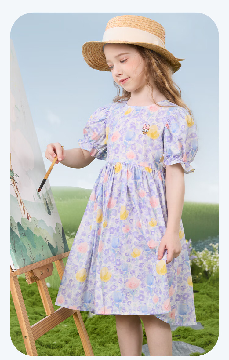 Disney Girls' Dress Children's Summer Cotton Princess Floral Dress Stylish Kidswear 2DQ040 Blue Size 160 10