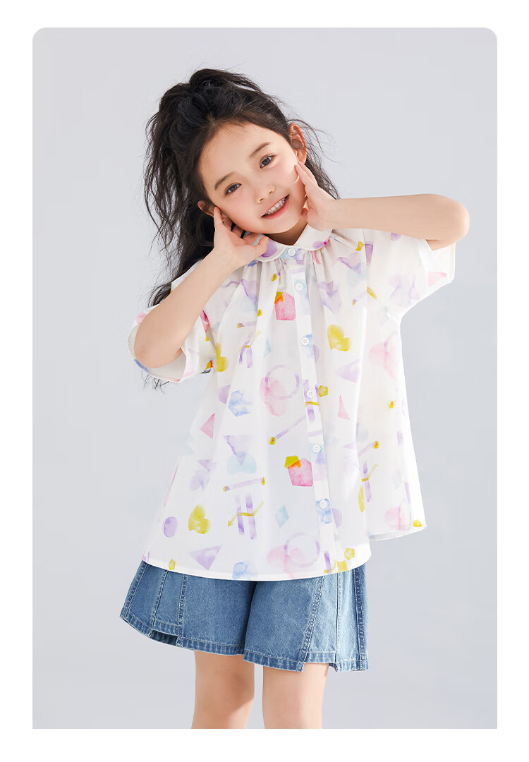 QQ DUCK Girls' Shirt Summer Children's Cute Lapel Short-Sleeve Youth Clothing Graffiti White; 140 14