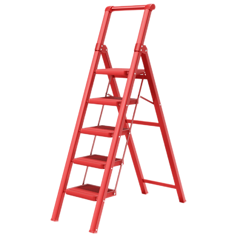 Cenggao Folding Ladder with Handrail for Home Use, Thickened Carbon Steel Wide Treads, Jili Red, Five Steps, Export Quality