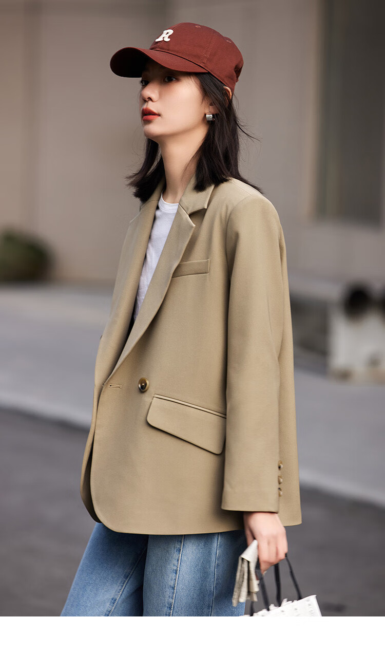 Dme [Turn-Down Collar Blazer] Spring Top, Curved Hem, Loose Suit Jacket for Women, Khaki, Size S 9
