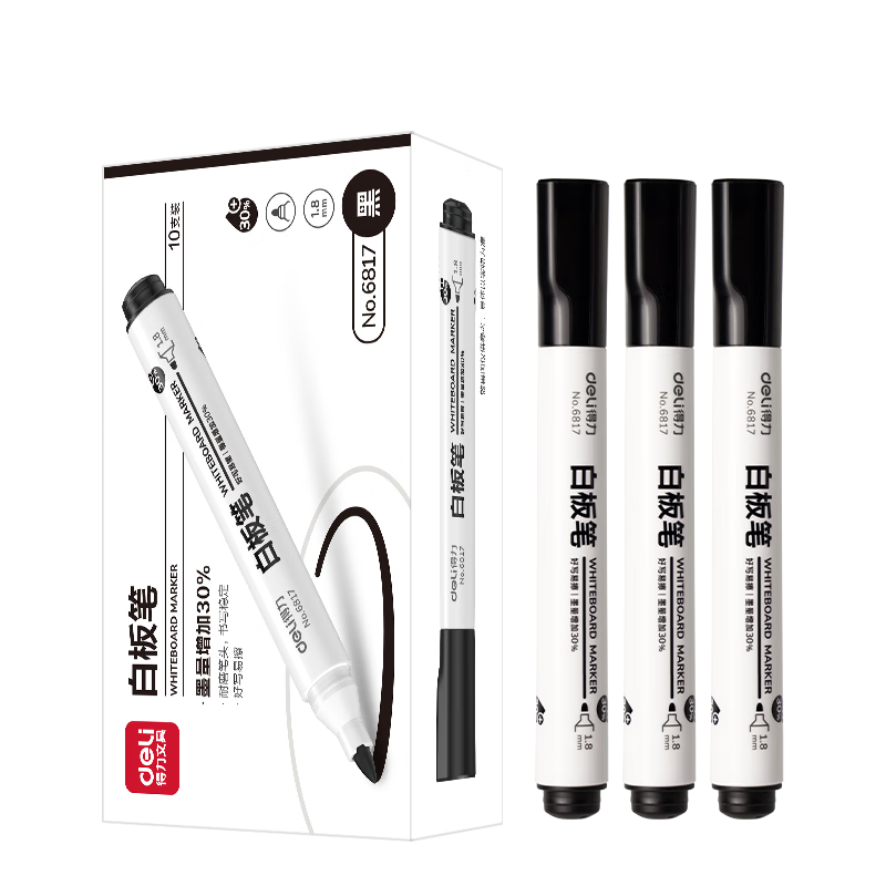 Deli Thick Tip Erasable Whiteboard Markers Durable Office Stationery Meeting Teacher Training Black 10pcs/Box P06817