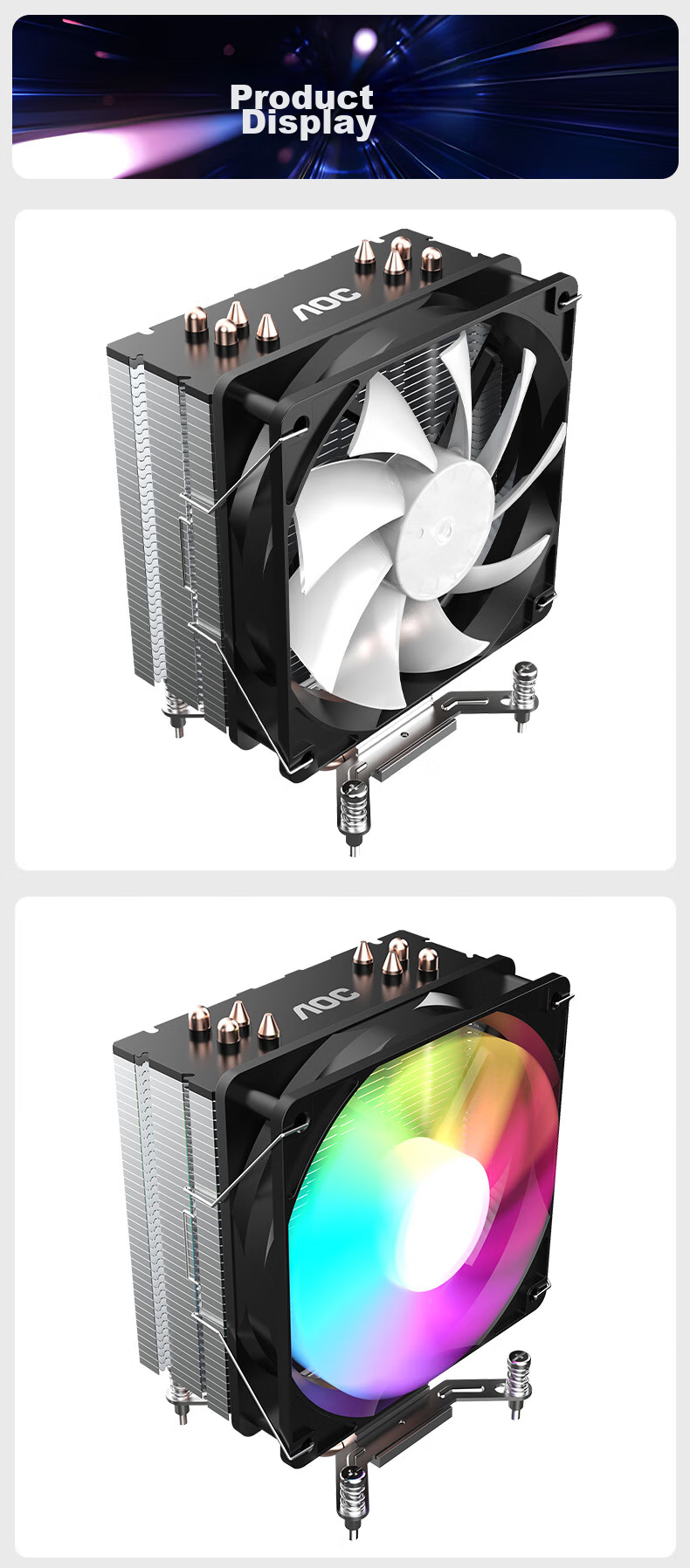 AOC T4GB/93 Black CPU Air Cooler (Supports Intel 9th-13th Gen, 4 Heat Pipes, 12CM Fan with Colorful Lighting Effects, Hydraulic Silent Operation, Includes Thermal Paste) 7