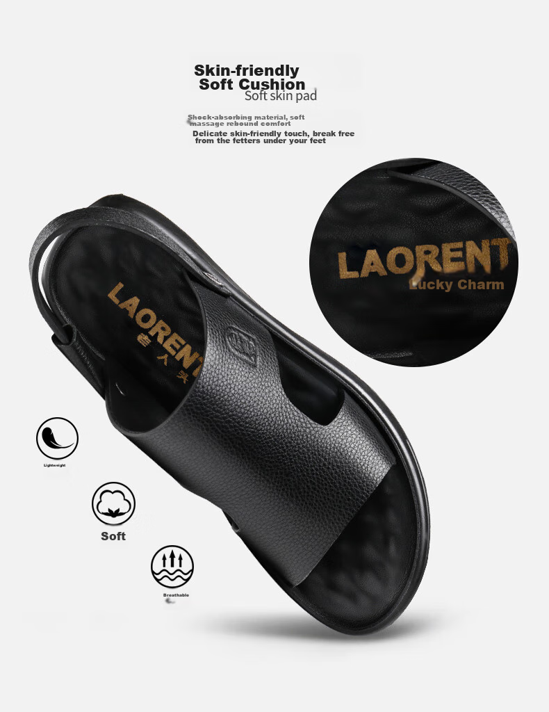 LAORENTOU Men's Sandals, Summer Top-Grain Leather, Breathable Beach Versatile Casual Shoes, Sandals, Men's Footwear, 10965, Black, Size 43 8